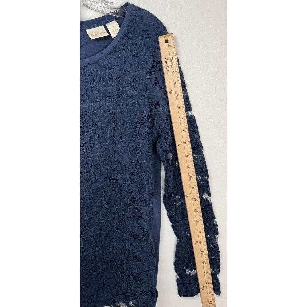 Chico’s Blue Lace Long Sleeve Top Back Zip Sheer Sleeves Women’s Size 1 US M